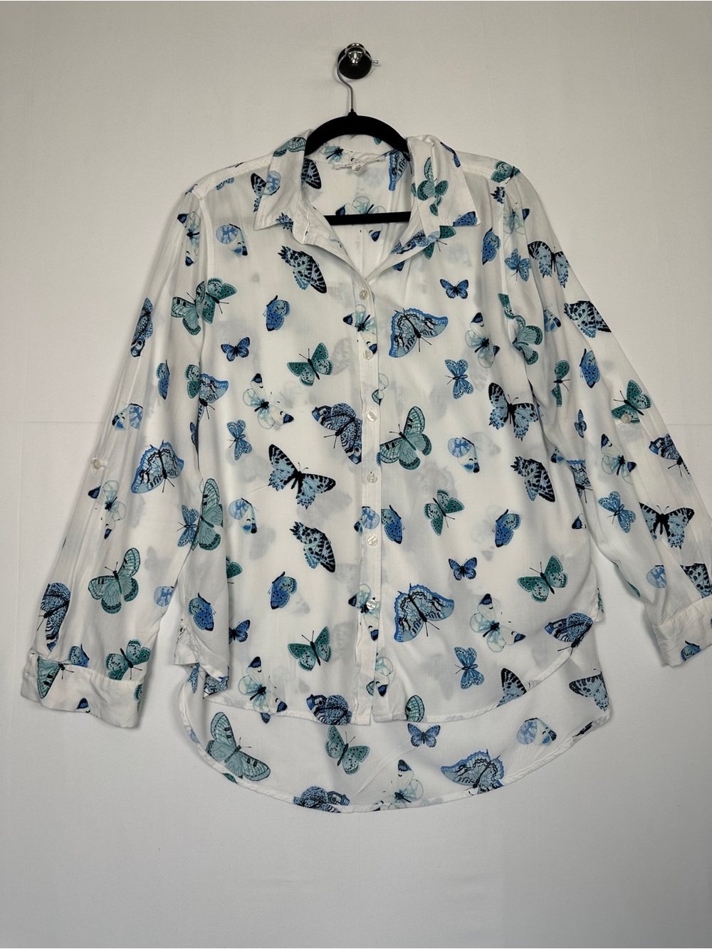Jane & Delancey Butterfly Print High Low Rayon Blouse Size L Cottagecore Boho